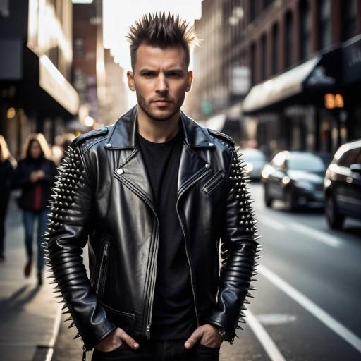 Man in Spiky Leather Jacket on Urban Street