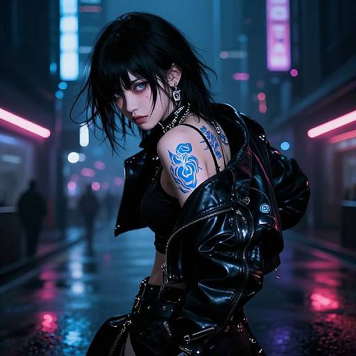 Gothic cyberpunk woman with black hair, blue rose tattoo, leather jacket, and earrings, in a neon-lit, rain-soaked urban