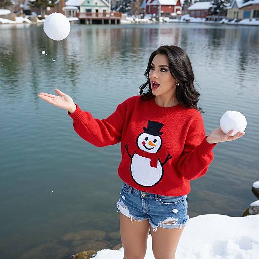 Photograph of a dark-haired woman in a red snowman sweater, denim shorts, tossing snowballs by a snowy lake with houses.