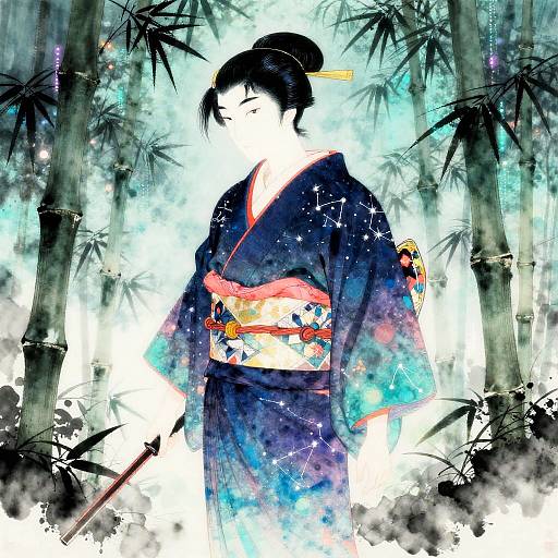 Constellation Kimono Samurai in Neon Grove
