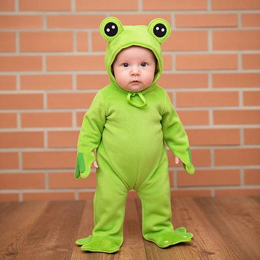 Photograph of a baby in a bright green frog-themed onesie with ears and tail, standing on wooden floor against a brick wall.