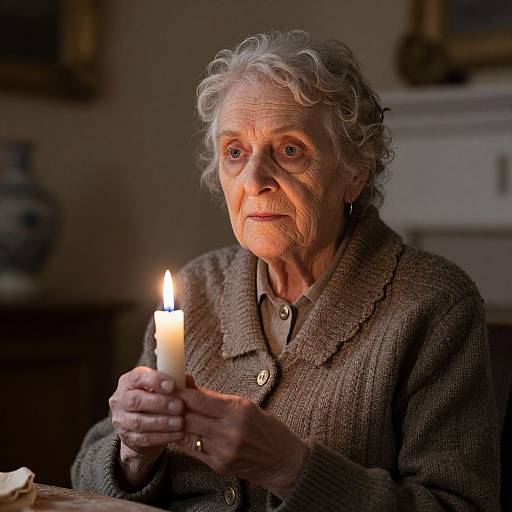 Photograph of an elderly woman with curly gray hair, wearing a brown cardigan, holding a lit candle, illuminated by its soft glow, in a