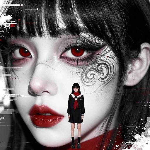 Digital anime-style drawing: Large, ghostly face with red eyes, black hair, and intricate white face markings dominates background; small, schoolgirl with