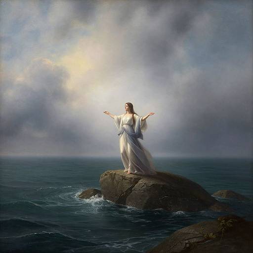 Photograph-like digital painting of a glowing, white-robed figure with outstretched arms standing on a rock in a misty, sunlit ocean