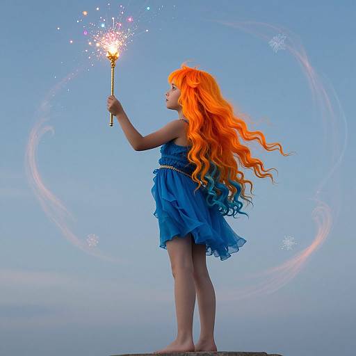 Photograph of a young girl with bright orange, wavy hair, wearing a blue dress, holding a sparkling firework, barefoot, against a