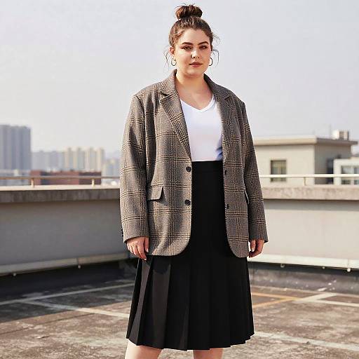 Loose Bun Plaid Rooftop Fashion Editorial