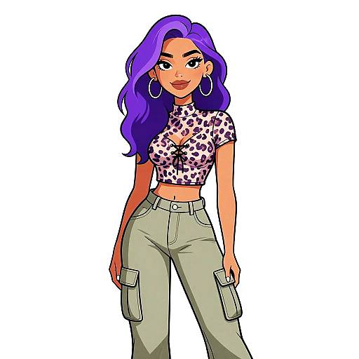 Digital illustration of a confident woman with purple hair, wearing a leopard-print crop top, high-waisted beige cargo pants, and large hoop earrings,