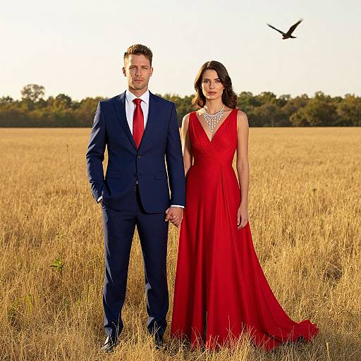 Photograph of a Caucasian couple standing hand-in-hand in a golden field; man in navy suit and red tie, woman in red gown with necklace,