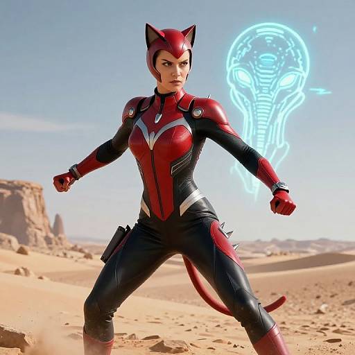 CGI image of a fierce, red and black catwoman in a desert, striking a powerful pose with a glowing lightbulb hologram behind her