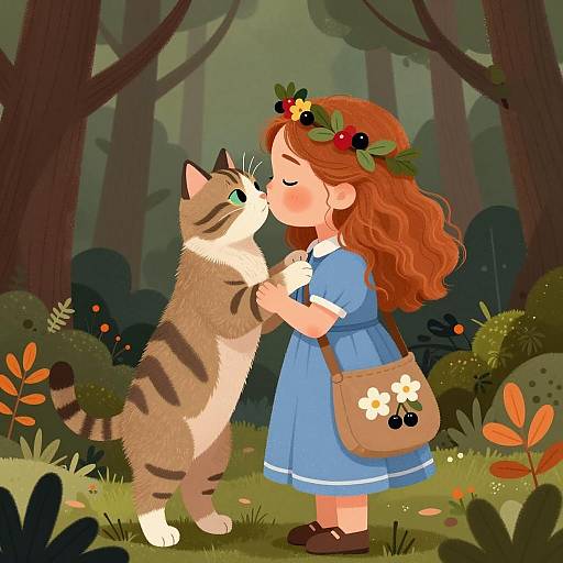 Whimsical Forest Scene with Girl and Cat