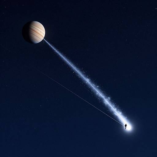 Digital illustration of a planet with a ringed surface emitting a bright, glowing comet tail against a deep blue starry background.
