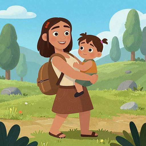 Cartoon illustration of a smiling woman with brown hair and a red flower, carrying a smiling toddler in brown shorts and orange shirt, on a sunny,