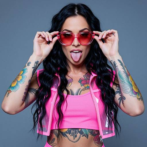 Photograph of a tattooed woman with long black hair, wearing a neon pink crop top and matching vest, adjusting pink sunglasses, sticking out her tongue