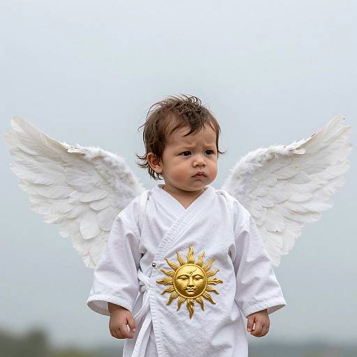 Serious Baby Boy in Angel Outfit with White Wings