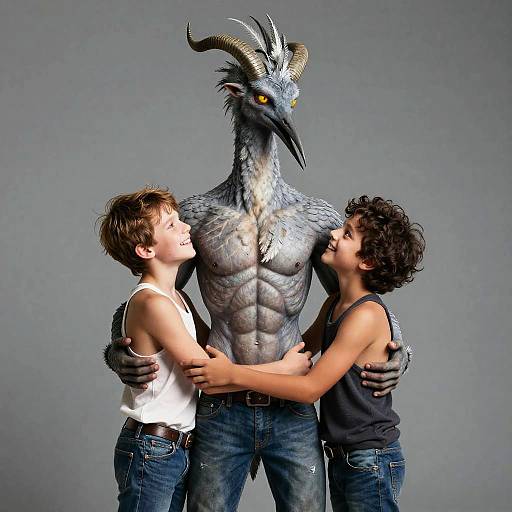 Photograph-style CGI of two smiling children in sleeveless shirts, hugging a tall, muscular, dragon-like creature with gray scales, yellow eyes,