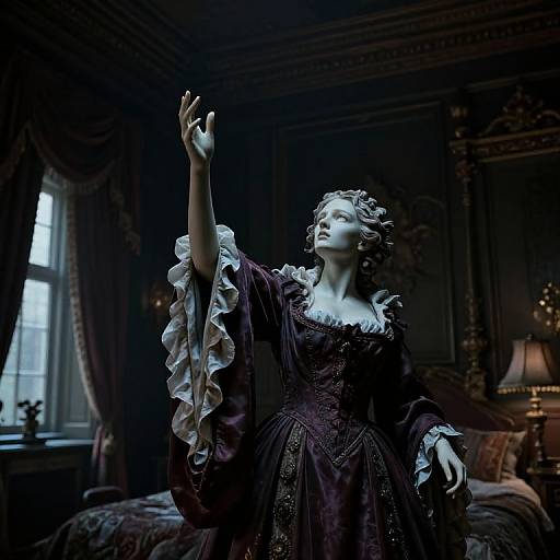 Photograph of an elegant porcelain doll in a Victorian gown, raised arm, in a dimly lit, ornate bedroom with dark curtains and a lamp