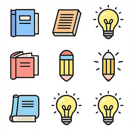 Colorful cartoon illustration of nine icons: blue folder, orange notebook, yellow lightbulb, pink notebook, two yellow pencils, two lightbulbs