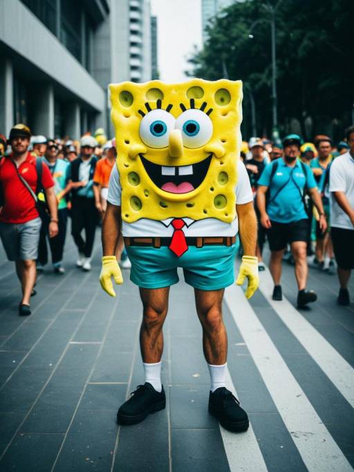 Man in SpongeBob SquarePants Costume Walking in City