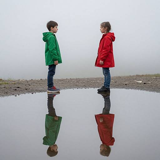 Photograph of two children in green and red raincoats standing opposite each other, reflected in a puddle on a foggy, pebbled
