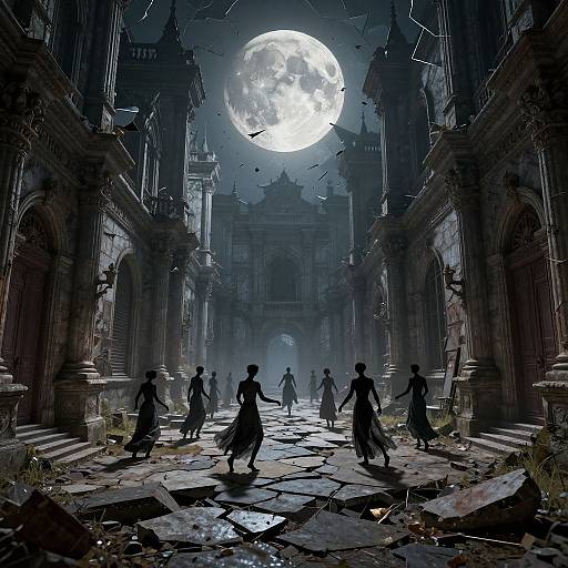 Digital art: Silhouetted figures in flowing robes dance under a full moon in a crumbling, Gothic cathedral with broken columns and debris.