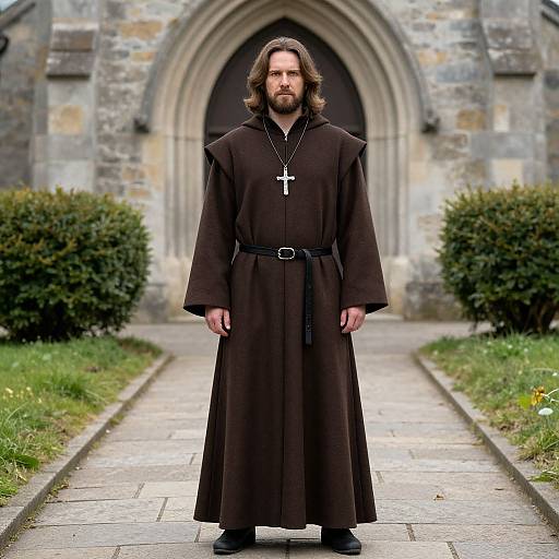 Photograph of a bearded man with long brown hair, wearing a black monk's robe with a cross necklace, standing in front of a stone ar