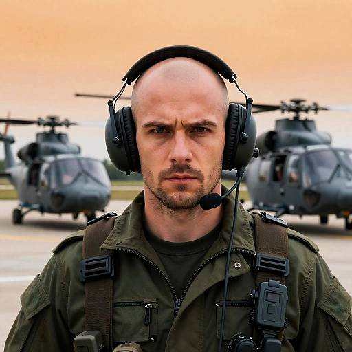 Intense Bald Man in Military Gear