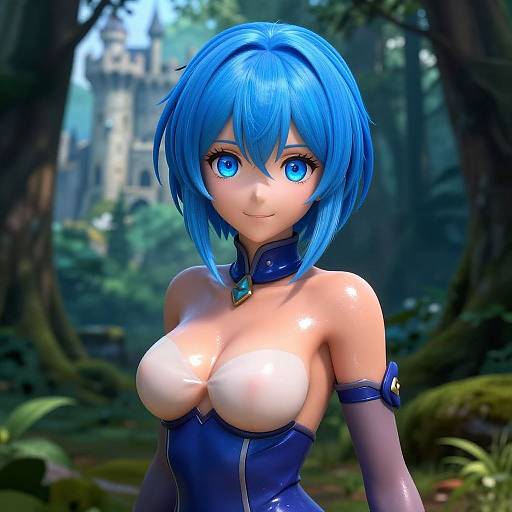 Digital anime-style image of a blue-haired girl with large blue eyes, ample breasts, and a blue corset, set in a lush forest with a