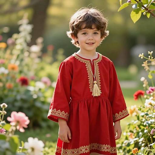 Whimsical Boy in Embroidered Red Dress