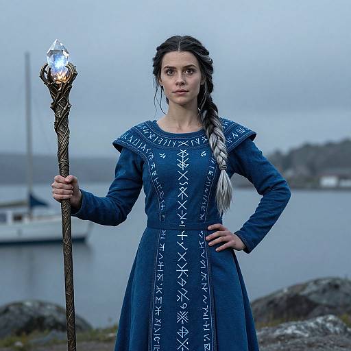 Photograph of a young woman with braided hair, wearing a blue, intricately embroidered dress, holding a glowing, ornate staff, standing by