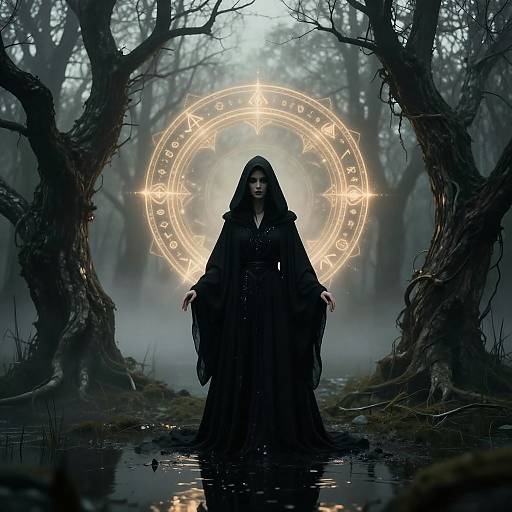 Mysterious hooded figure in dark robes stands in misty forest, illuminated by glowing magical circle with runes, surrounded by twisted trees. Photorealistic
