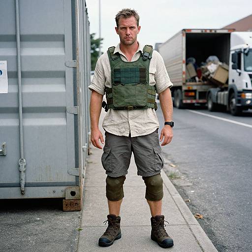 Photograph of a bearded man with short brown hair, wearing a green tactical vest, white shirt, gray cargo shorts, and brown boots, standing