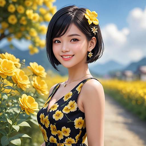 Smiling Asian Woman in Yellow Dress
