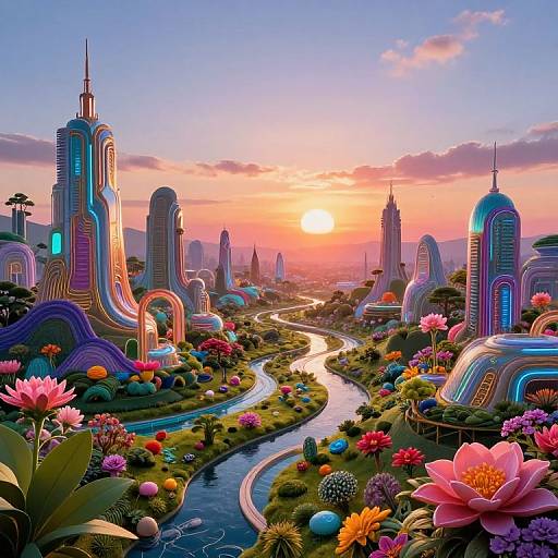 Digital artwork of a futuristic cityscape at sunset, featuring neon-lit skyscrapers, vibrant flowers, and a winding river through lush greenery.