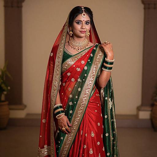 Photograph of a beautiful Indian woman in a red and green embroidered saree, gold jewelry, and traditional makeup, standing against a blurred beige backdrop.