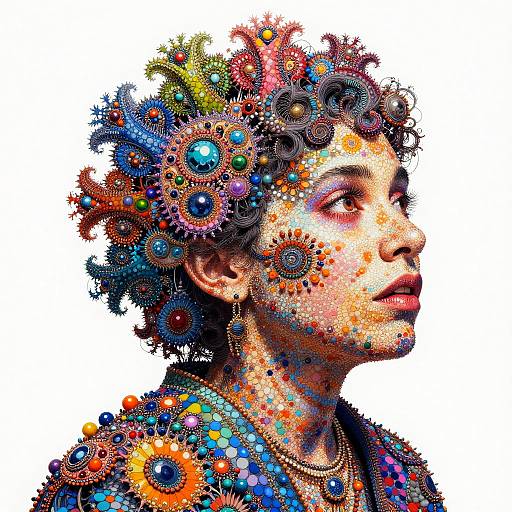 Whimsical Filigree Pointillism Robot Close-Up