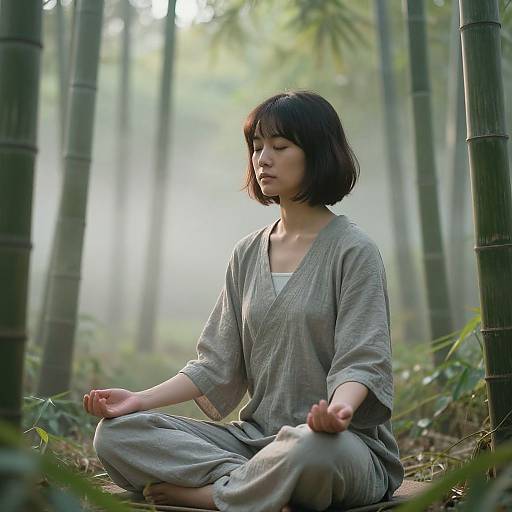 Photograph of an Asian woman with short black hair, wearing a loose gray kimono, meditating cross-legged in a misty bamboo forest.