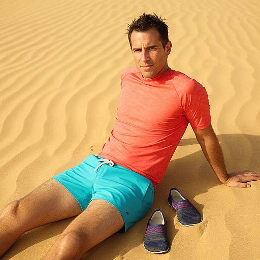 Photograph of a muscular man with short, spiked black hair, wearing an orange t-shirt and blue shorts, lounging in sunlit sand, with