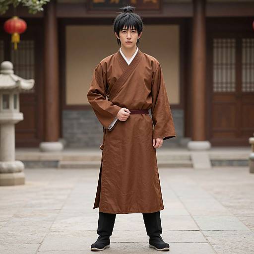 East Asian man in traditional brown kimono, black pants, and black shoes stands confidently in a traditional Japanese courtyard.