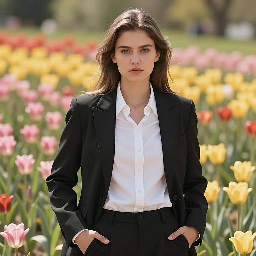 Young Woman in Black Suit in Flower Field