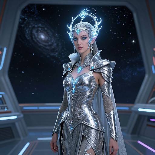 CGI image of a futuristic, silver-armored female warrior with glowing blue headpiece, standing in a starry space ship interior.