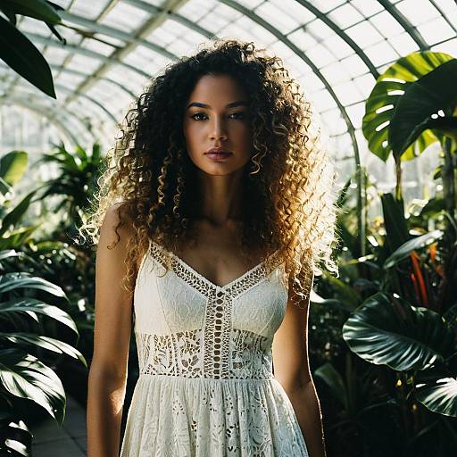 High-Fashion Model in Sunlit Greenhouse