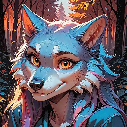 Digital artwork of a blue-furred, anthropomorphic wolf with glowing yellow eyes, smiling in a vibrant, sunset-lit forest. Detailed fur and expressive