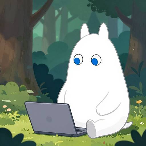 Whimsical digital illustration of a white, round, cat-like creature with blue eyes, sitting in a forest, using a laptop. Bright green grass