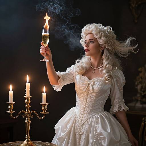 Glamorous woman in a white, lace-trimmed, 18th-century-style dress, holding a smoking champagne flute, stands by a candle