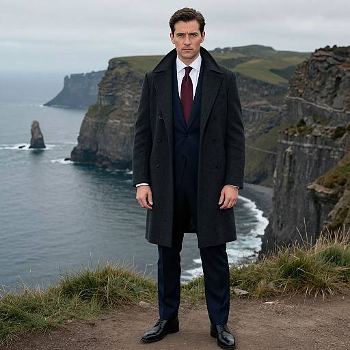 Photograph of a serious man in a black overcoat, suit, and tie, standing on a cliff overlooking a rugged coastal landscape.