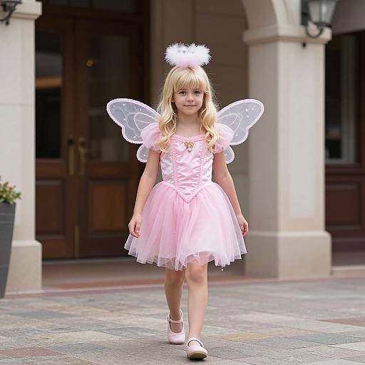 Photograph of a blonde girl with fair skin in a pink, lace-trimmed fairy dress, translucent wings, and white headpiece, walking on