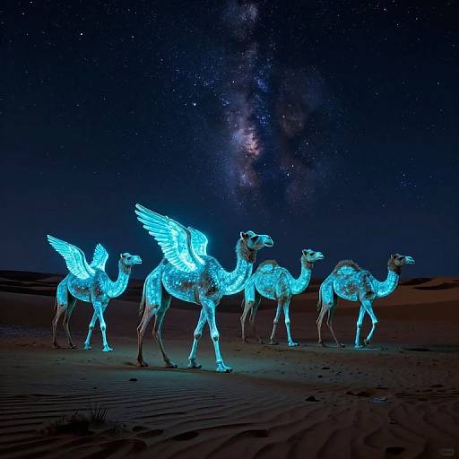 Photograph of glowing blue illuminated camels with wings standing in a desert under a starry night sky with visible Milky Way.