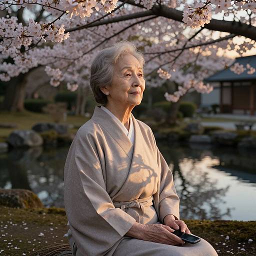 Elderly Japanese woman in traditional kimono, sitting by a serene pond, surrounded by blooming cherry blossoms at sunset. Photographic portrait.