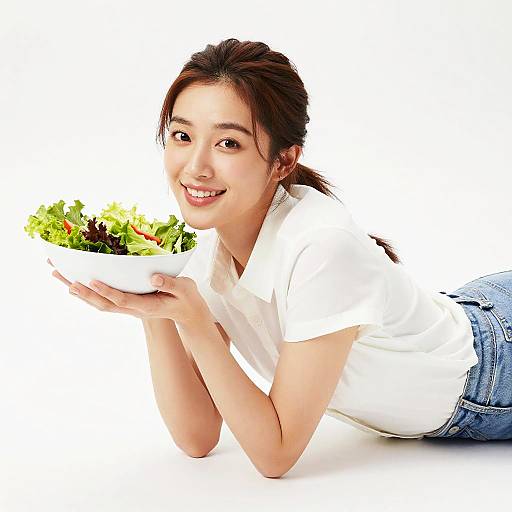 Young Asian woman with brown hair in a ponytail, smiling, lying on her stomach, wearing a white shirt and blue jeans, holding a white bowl