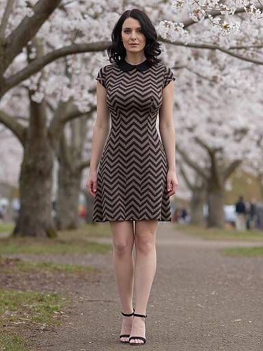 Photograph of a pale-skinned woman with black wavy hair, wearing a brown and black zigzag dress and black sandals, walking on a path